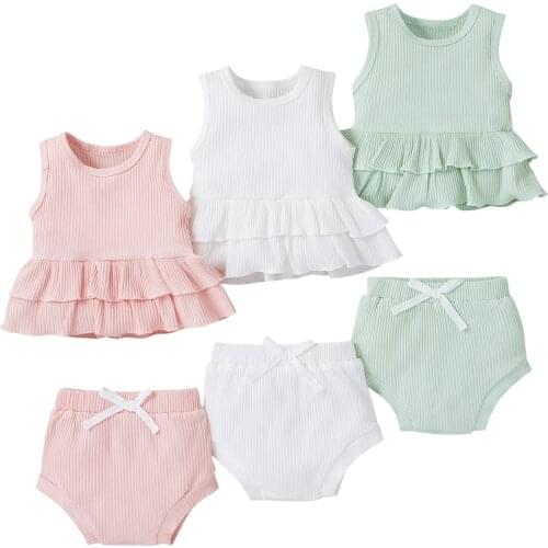 0-24M Cute Newborn Baby Girl Clothes Sets Solid Color Sleeveless Vest Tops Shorts Bloomers Bottom 2PCS