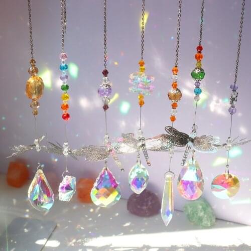 Dragonfly Crystal Wind Chimes Sun Light Catcher Pendant Chandelier Rainbow Hanging Drop Beads Home Ornaments Decor Birthday Gift