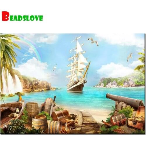 Sea natural scenery 5D Diamond Painting Full Square Pirate boat Round Drill Diamond Embroidery Cross Stitch kids room Decor