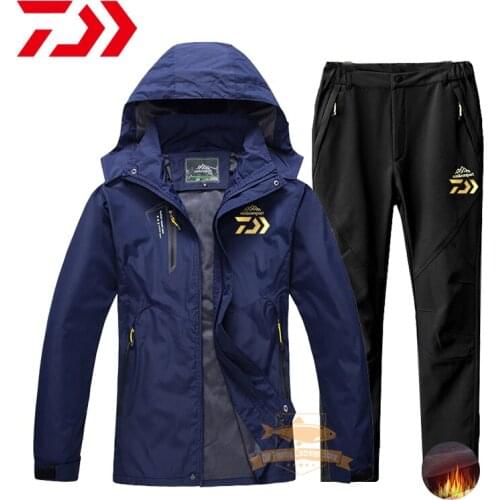 2021 Daiwa Men Fishing Jacket Autumn Winter Waterproof Warm Plus Velvet Hooded Suit Outdoor Sport Camping Hiking Fishing Suits