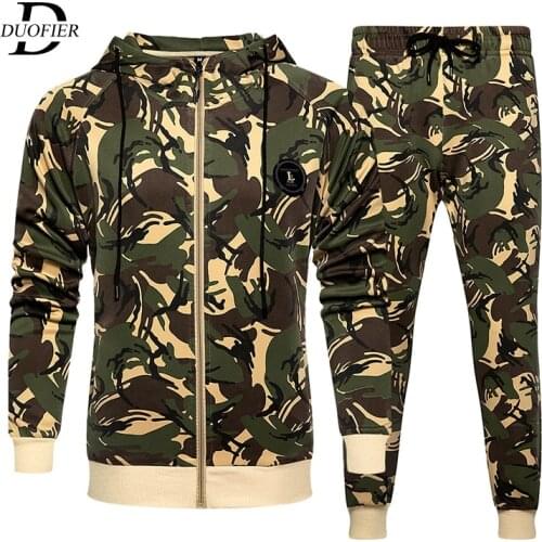 Mens Sets 2021 Autumn Casual Tracksuit Camouflage Men Two Piece Hooded Zipper Sweatshirt + Sweatpants Camo Sporting Suit Male