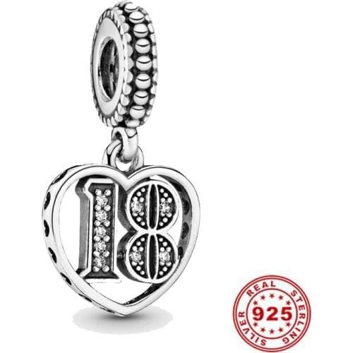 New Original 925 Sterling Silver 18th Celebration Dangle Bead Charm Fit European Pandora Charms Bracelet Bangles Diy Jewelry