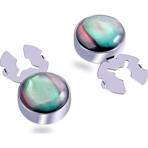 Symphony Aurora natural shell silver BUTTON COVER cufflinks for Tuxedo Business Formal Shirts 17.5MM one pair