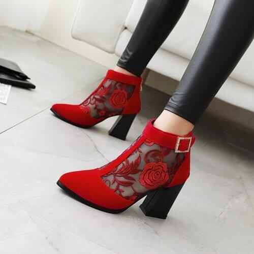 OLOMLB US4-11 Womens Mesh Floral High Heels Shoes Embroidery Flower Ankle Boots Summer Block Heel Ethnic Breathable Summer Plus