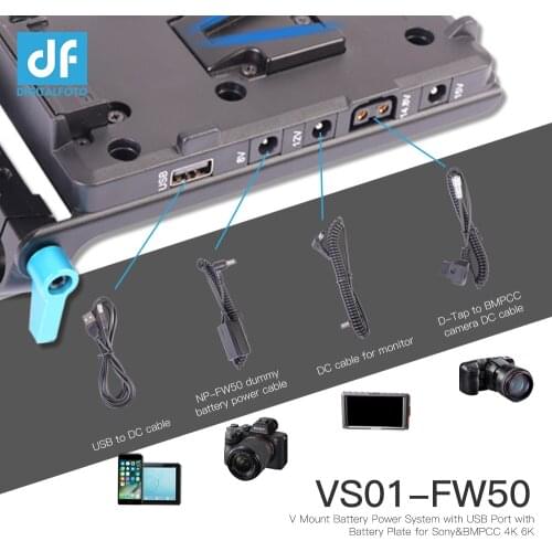 V Mount Battery Plate with 15mm Rod Clamp+D-Tap to BMPCC 4K 6K Cable+NP-FW50 Dummy Battery for Sony Camera