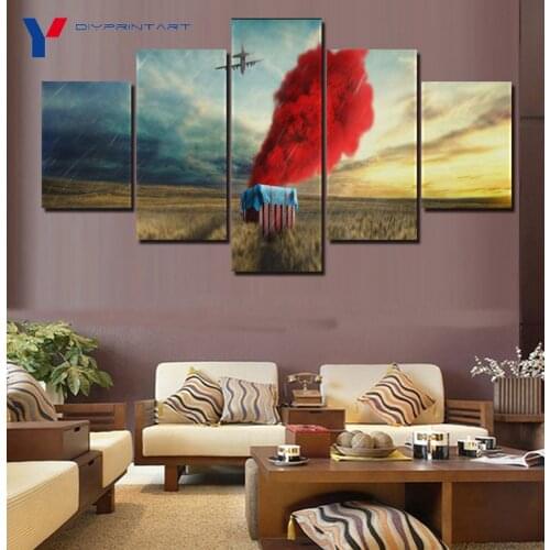 Airdrop Red Smoke Pubg Game Poster 5 Panels Canvas Painting Wall Pictures for Living Room Home Decoration