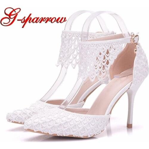Summer Pointed Toe Women High Heels Ankle Straps Sandals Sweet Flower Lace Decoration Party Wedding Shoes Birthday Party Pumps