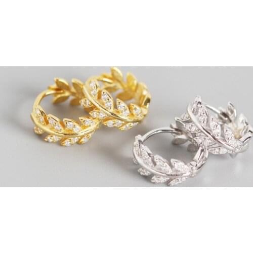1PAIR 100% Authentic 925 Sterling silver Gold White BRANCH LEAF hoop Huggie earrings zirconia set FINE jEWELRY TLE688