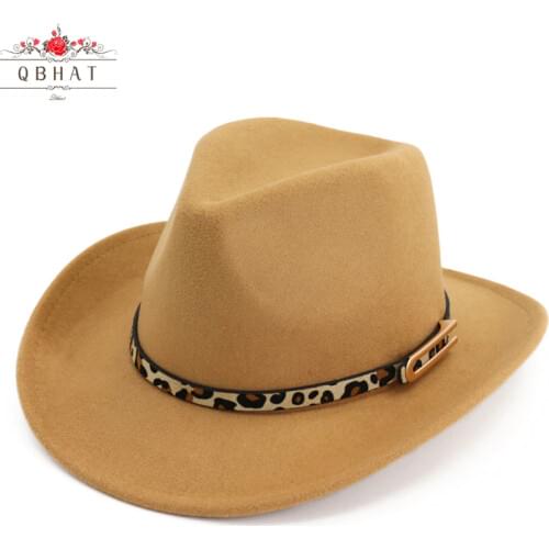 QBHAT Adult Ethnic Wind Cowboy Hat Wide Sombrero Roll Brim Panama Wool Felt Jazz Fedora Hats with Leopard Grain Belt Buckle