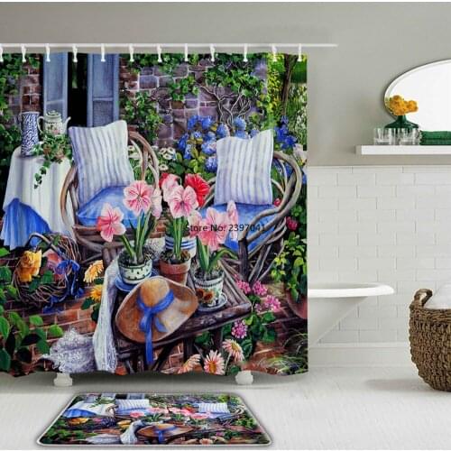Painting Flowers Rural Garden Scenery Shower Curtains Set Waterproof Bathroom Curtain Bath Non-Slip Toilet Mat Washroom Rug Mat