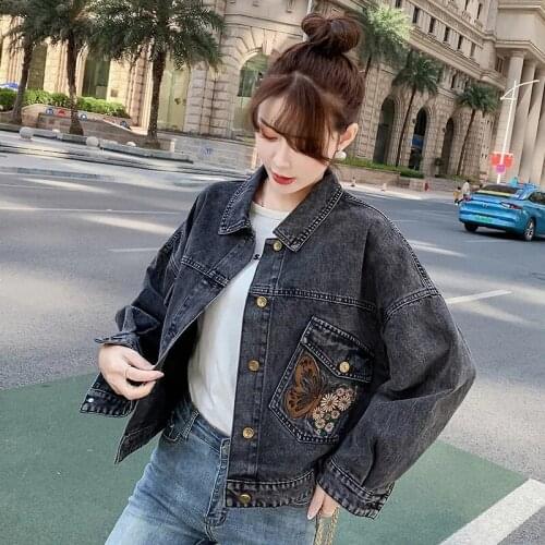 Vintage Black Jean Jacket Butterfly Embroidered Short Women 2021 Spring Autumn Denim Coats New Loose Joker Lady Cowboy Outerwear