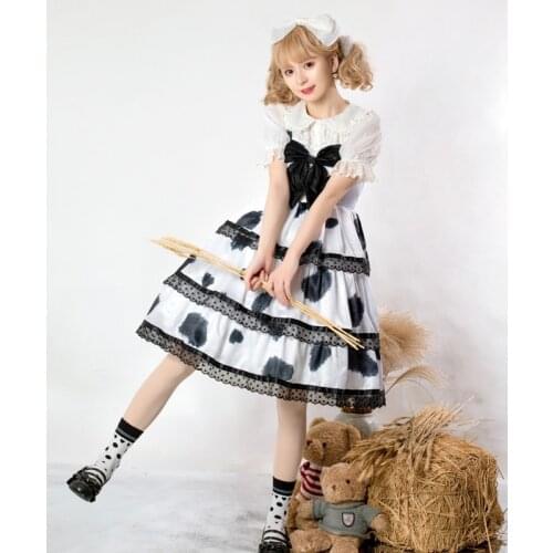 Japanese Cosplay Baby Doll Bow Jsk Design Print Lolita Dress For Women Summer Sweet Cute Lace Edge Spaghetti Strap Kawaii Dress