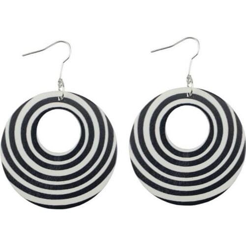 ZWPON Fashion Large Black White Streak Strip Round Wood Earrings for Women Natural Wood Jewelry Statement Earrings Jewelry