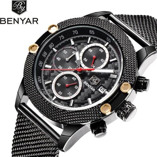 BENYAR Sport Fashion Watches Men Steel Mesh & Rubber Chronograph Waterproof Luxury Top Brand Quartz Watch Gold Saat dropshipping
