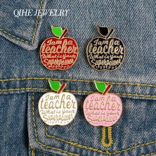 QIHE JEWELRY Four Colors Apples Pins With Lettering Enamel Pins Fashion Metal Brooches Badges Denim Clothes Women Pins Gifts