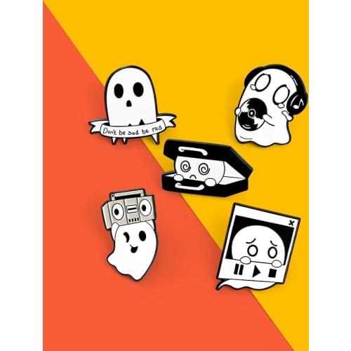 Happy Ghost Enamel Lapel Pins Singing Music Ghostly Player Raido Cd Musical Brooch Badges Halloween Jewelry Gifts Men Women Kids