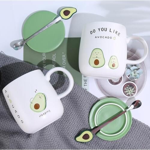 Mugs with Avocado Funny Coffee Cup Ceramic Creative Color Heat-resistant Mug with Lid 450ml Kids Office Home Drinkware Gift