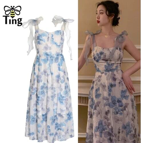 Tingfly Summer Strap Tie Up Sweet Egirl Floral Casual Dress Sleevelss Streetwear Chic A Line Sundress Frocks for Women Trendy