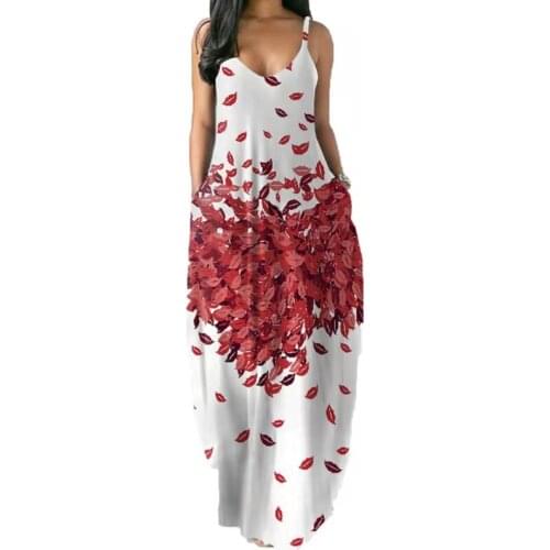 Fashion Ladiess Loose Summer Sleeveless Casual Print Pocket Sling Dress Soft Ankle Length Beach Female Dress