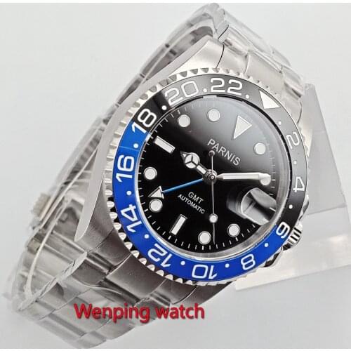 40mm PARNIS Black dial blue GMT Sapphire Date Automatic movement Watch mens watch W2764