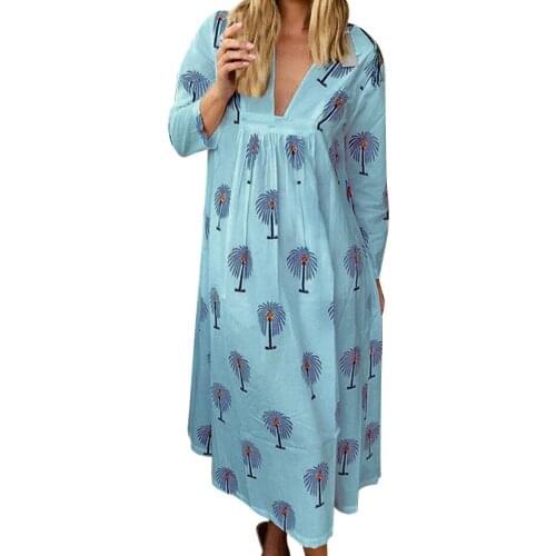 Personality summer and autumn new comfortable cool loose large size maternity dress V-neck printed long dress