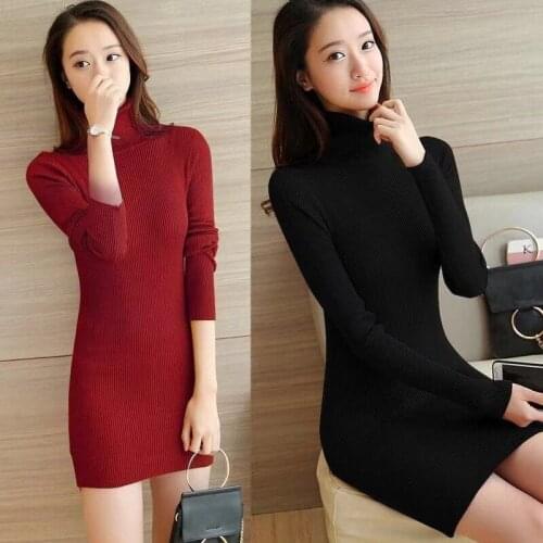 7 Color Long Sleeve Tight Turtleneck Sweater Knit Dress Mini Female Fashion Casual Bottom Tops Waist Wrap Hip Thick Simple Slim
