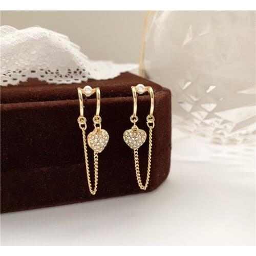 Korean Elegant Romantic Rhinestone Inlaid Metal Heart Love Chain Tassel Drop Pendent Earrings for Women Girls Ear Jewelry Gift