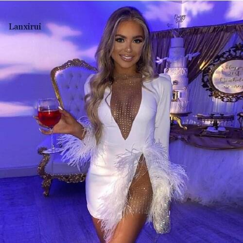 Sexy See Through Sequin Mesh Patchwork Dresses Women Deep V White Feather Mini Party Dress Ladies Nightclub Vestidos