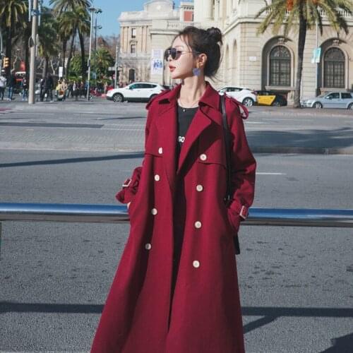 2020 Spring Autumn Trench Coats Womens new Korean Loose Double-breasted Wine Red atmosphere Long windbreaker female g454
