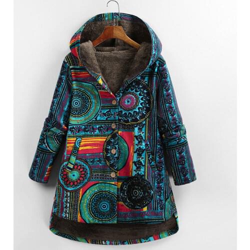 Versear Female Jacket Plush Coat Women Windbreaker Winter Warm Outwear Floral Print Hooded Pockets Vintage Oversized Coats Plus