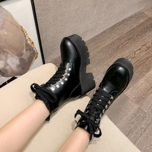 Botas Women Motorcycle Ankle Boots Wedges Female Lace Up demonia boots Snow Black Leather Oxford Shoes Woman Botas Mujer LJB278