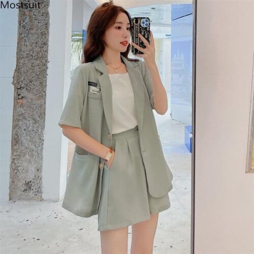 Summer Elegant Casual Blazer Set Women Shorts Suit Korean Single Breasted Short Sleeve Jacket + Elastic Waist Shorts Outfits