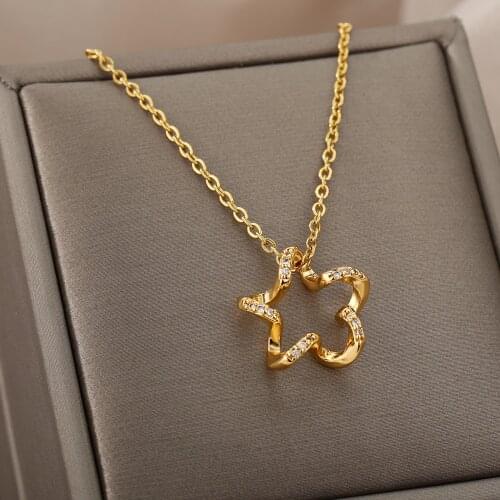 Star Necklaces For Women Stainless Steel Gold Pentagon-Star Zircon Choker Pendant Necklace Simple Jewlery Gift Bijoux Femme