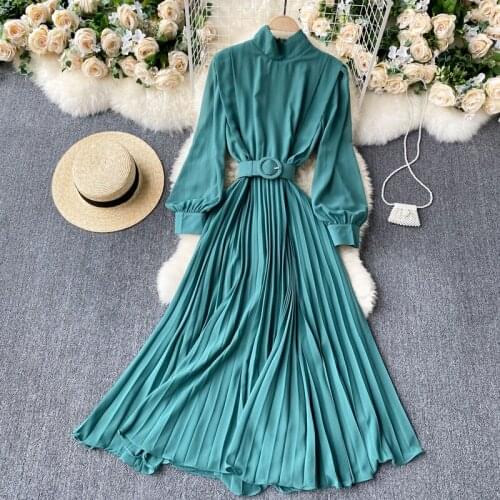 Womens Spring Autumn Runway Fashion Pleated Chiffon Dress Female Long Sleeve chic Travel Beach Long Dress TB1855