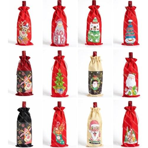 Diamond Painting Christmas Wine Bottle Cover Drill DIY Merry Christmas Xmas Wine Bottle Drawstring Bag New Year Table Decoration