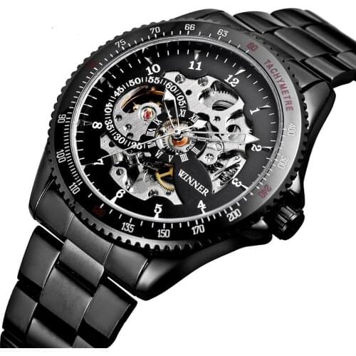 Mens Watches Winner Luxury Brand Stainless Steel Mechanical Watch Skeleton Self-winding Automatic Watch Black Relogio Masculino