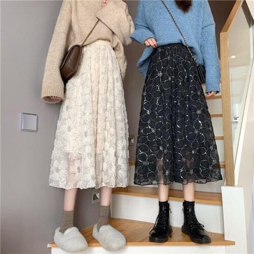 Long Skirts For Womens Skirts Harajuku Korean Style Lace Flower Skirt For Teenagers High Waist Skirt School Office Skirts
