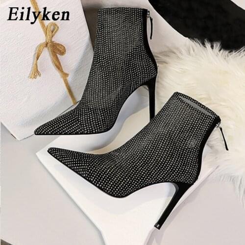 Eilyken Sexy Mesh Crystal Rhinestone Women Shoes High Heel Fashion Runway Pointed Toe Zip Fetish Stripper Ankle Boots Female