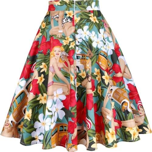 A Line Cotton Women Skirt VD0020 faldas jupe femme Black White Floral Print Swing Vintage Retro Skirts Womens Plus Size