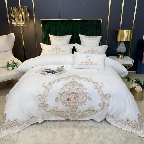 Vintage Chic Mod Embroidery Bedding White Grey Brushed Cotton Soft Duvet Cover Set Bed Sheet King Size Pillowcases Queen 4Pcs