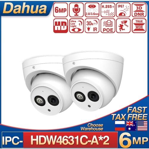 Dahua Mini Dome Camera HDW4631C-A 2PCS 6MP Built-in MIC SD Card Slot IR 30M H.265 Smart POE Security Protection Outdoor Camera