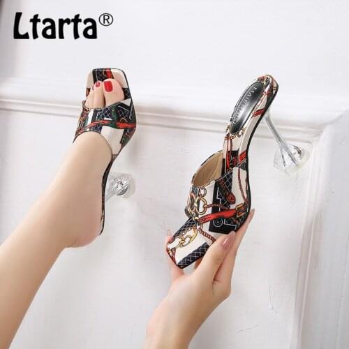 LTARTA Summer Candy Color Fashion Crystal Heel High-heeled Large Size Open-toe Slippers Printed Fish Mouth Womens Sandals WZ