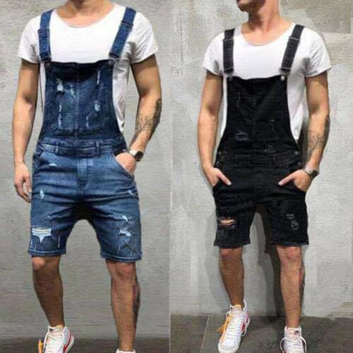 Men Ripped Scratched Jeans Bib Brace Overalls Summer Suspender Pockets Overall Dungarees Men Casual Jeans Denim Jumpsuit Rompers