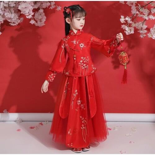 Red Flower Girls Dresses Lovely Dresses Chinese Girls Cheongsam Baby Kids Elegant Clothes Traditiona Festival New Year Uniform