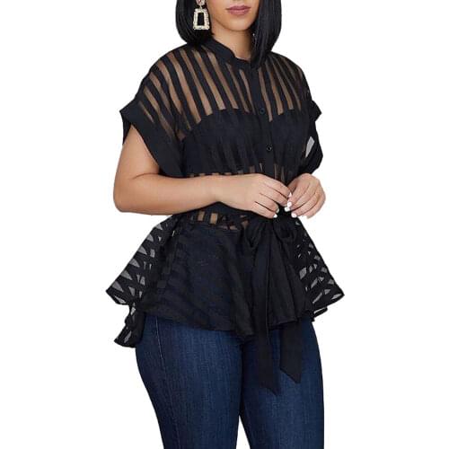Sexy See Through Women Shirts Short Sleeve Perspective Striped Tops 2021 Fashion Blouses with Waist Belt