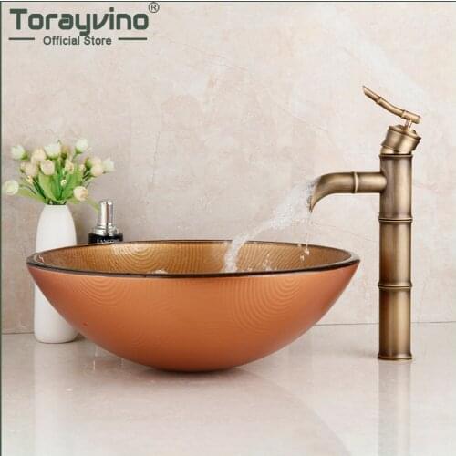 Torayvino Tempered Glass Bathroom Washbasin Countertop Sink Combo Kit Deck Mounted Antique Brass Waterfall Faucet Mixer Tap