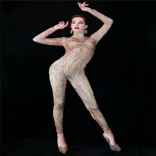 T61 Sexy female rhinestone leotard singer perform wear stage dance costume diamonds jumpsuit 3D print tights outfit disco dress