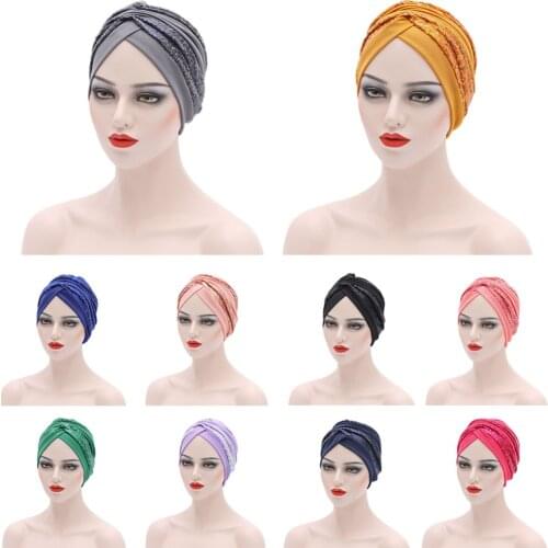 Muslim Women Hijab Sequins Turban Arab Indian Hat Bonnet Headscarf Hair Loss Solid African Hat Auto Gele Headtie Head Wrap Cap