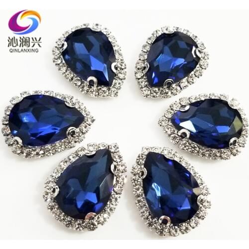 Top grade Silver bottom Glass Crystal buckle,Ink blue color Drop shape sew on rhinestones with holes,Diy/wedding decoration