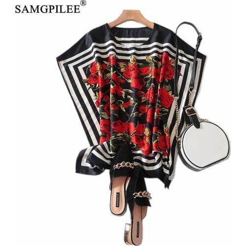 Women T-shirts 2020 T-shirty Damskie Office Lady Chiffon Tops Short Sleeve Print Turn-down Collar Batwing Sleeve Tops For Women